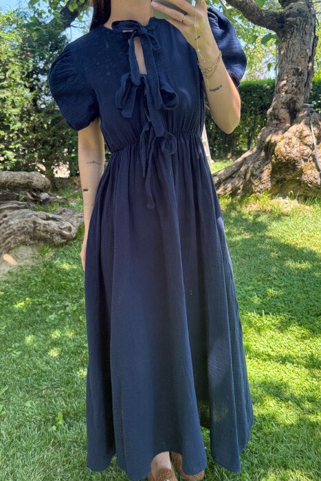 FRONT LACING LINEN LONG WOMEN DRESS DARK BLUE/BEE - 4
