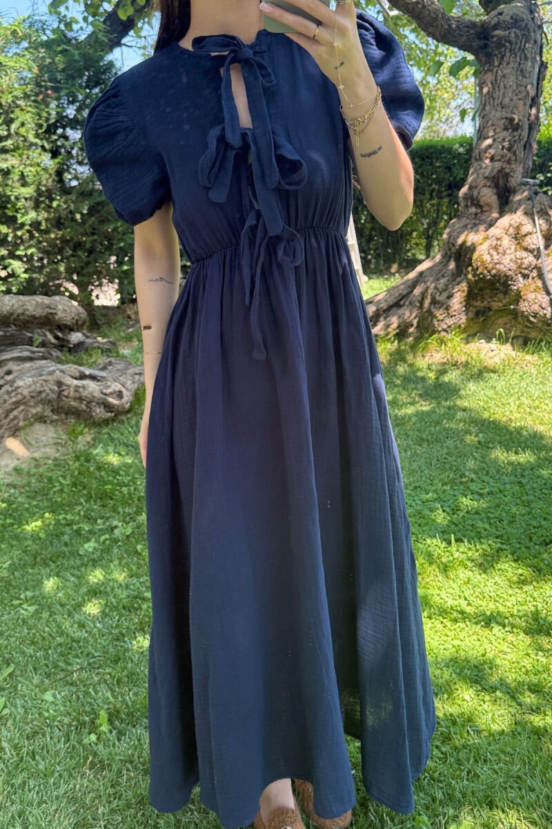 FRONT LACING LINEN LONG WOMEN DRESS DARK BLUE/BEE - 4