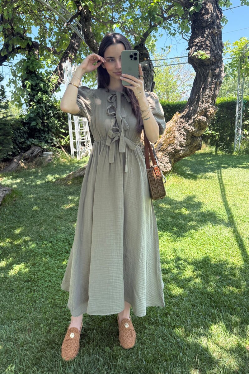 FRONT LACING LINEN LONG WOMEN DRESS OLIVE/ULLI - 1