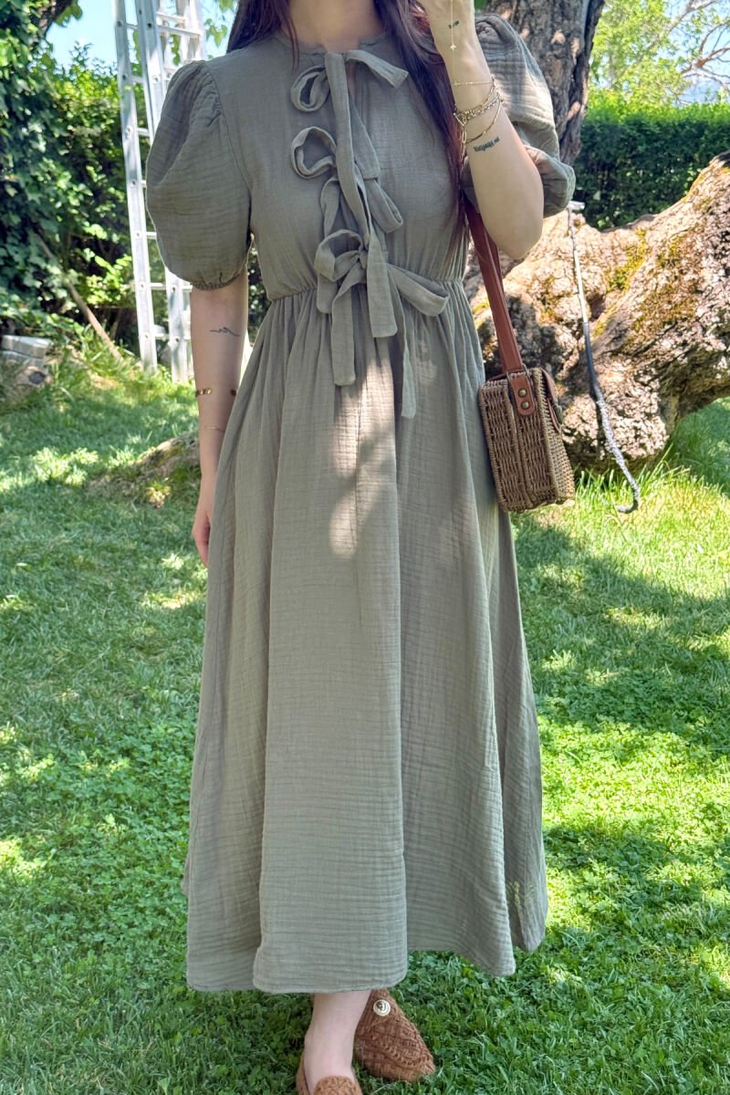 FRONT LACING LINEN LONG WOMEN DRESS OLIVE/ULLI - 2