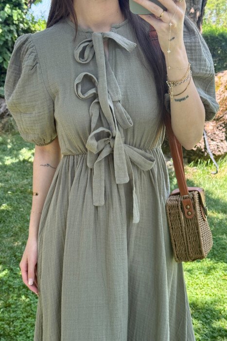 FRONT LACING LINEN LONG WOMEN DRESS OLIVE/ULLI - 3