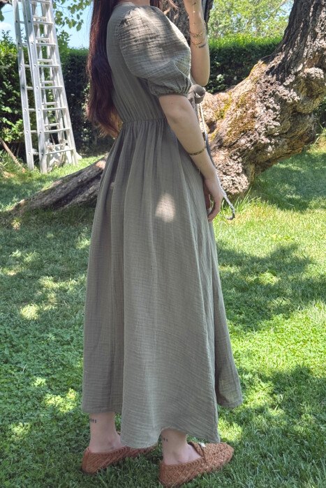 FRONT LACING LINEN LONG WOMEN DRESS OLIVE/ULLI - 4