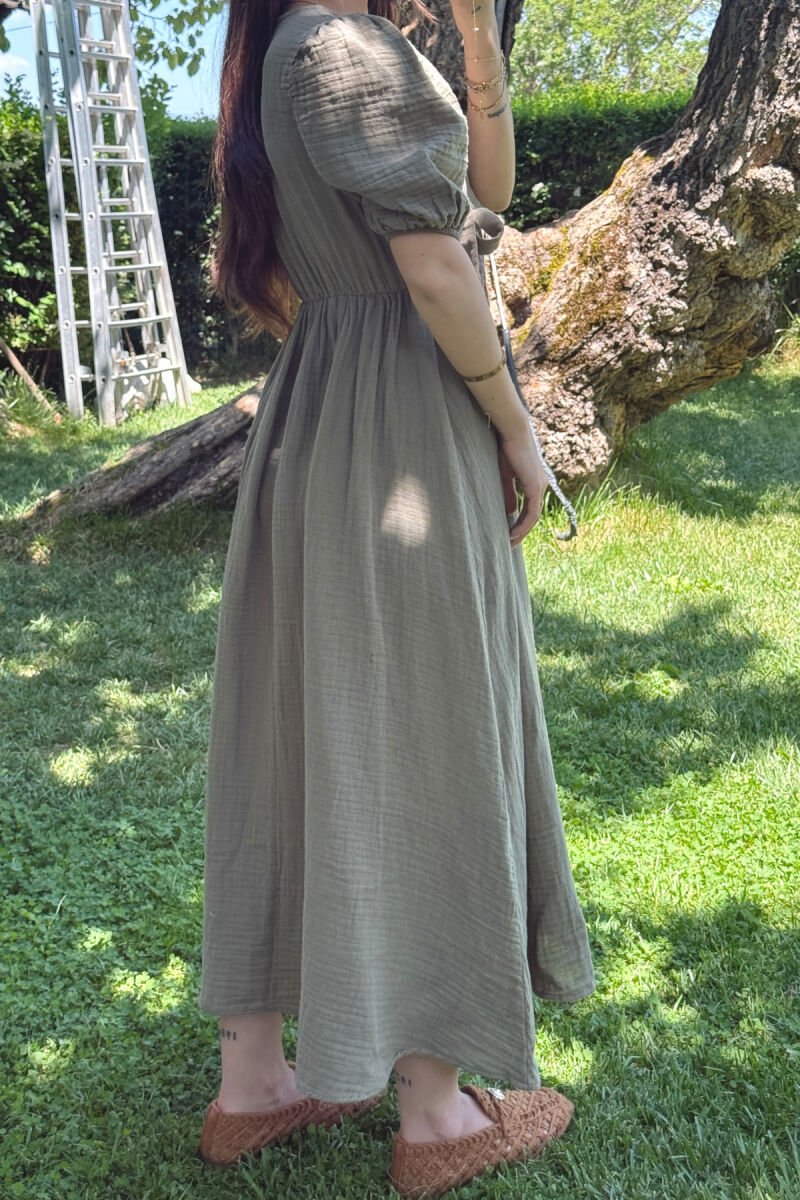FRONT LACING LINEN LONG WOMEN DRESS OLIVE/ULLI - 4