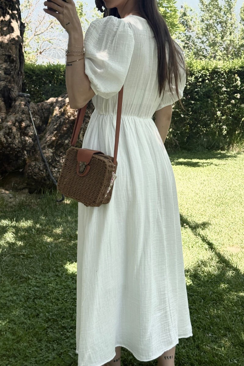 FRONT LACING LINEN LONG WOMEN DRESS WHITE-E BARDHE - 2
