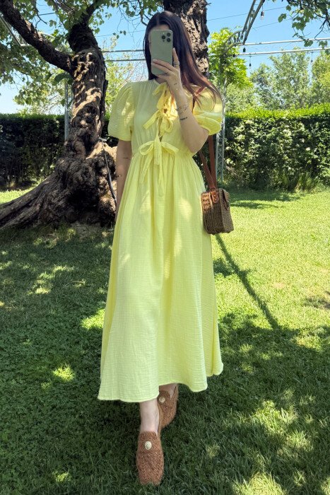 FRONT LACING LINEN LONG WOMEN DRESS YELLOW/E VERDHE 