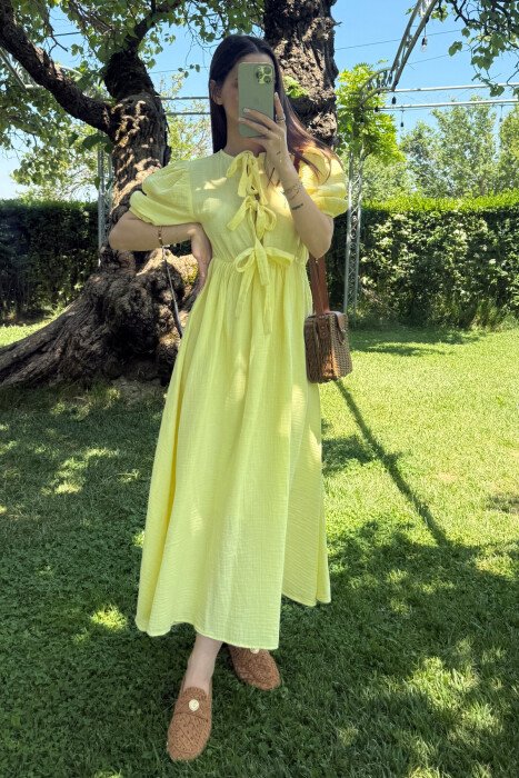 FRONT LACING LINEN LONG WOMEN DRESS YELLOW/E VERDHE - 2
