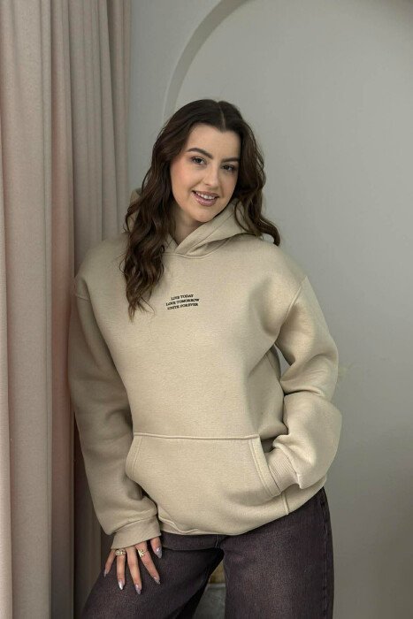 FRONT LITTLE WRITTINGS FLUFFY WOMEN HOODIE BEIGE/BEZHE - 1