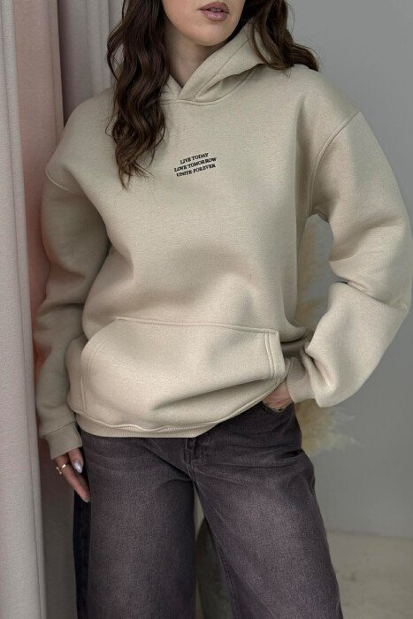 FRONT LITTLE WRITTINGS FLUFFY WOMEN HOODIE BEIGE/BEZHE - 4