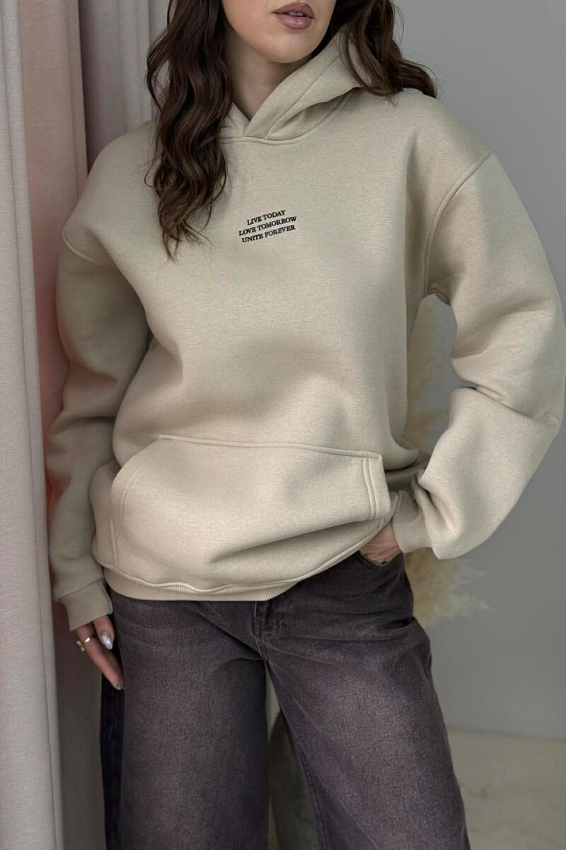 FRONT LITTLE WRITTINGS FLUFFY WOMEN HOODIE BEIGE/BEZHE - 4