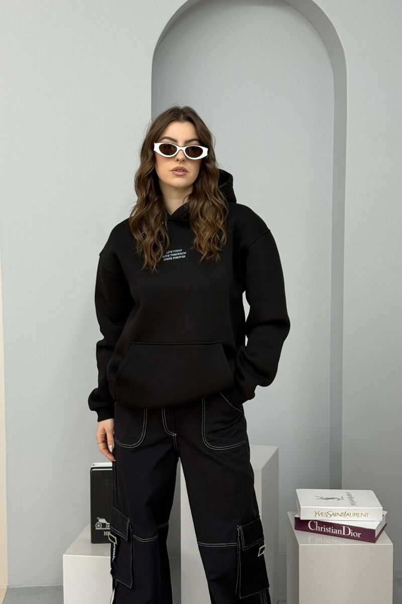 FRONT LITTLE WRITTINGS FLUFFY WOMEN HOODIE BLACK/ E ZEZE - 1