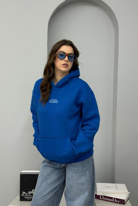 FRONT LITTLE WRITTINGS FLUFFY WOMEN HOODIE BLUE/BLU - 1