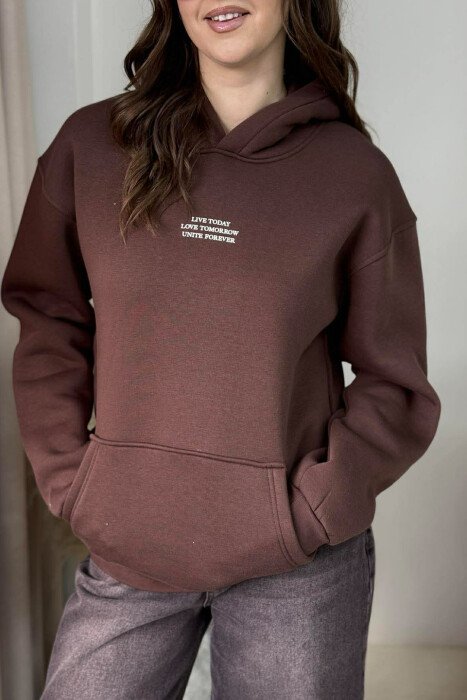 FRONT LITTLE WRITTINGS FLUFFY WOMEN HOODIE DARK BROWN/KAE - 4