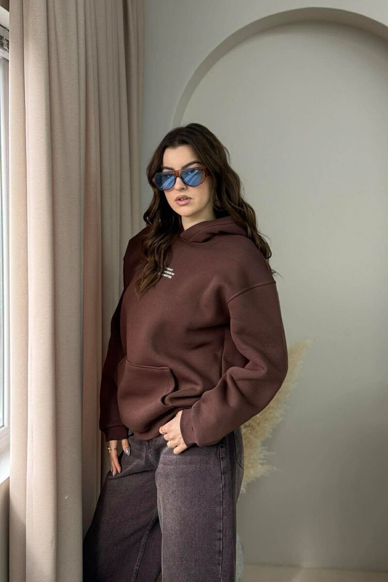 FRONT LITTLE WRITTINGS FLUFFY WOMEN HOODIE DARK BROWN/KAE - 2
