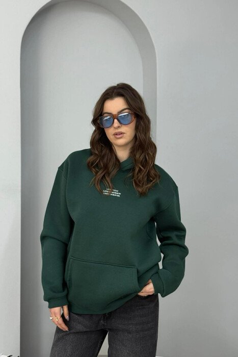 HOODIE ME PUSH DHE SHKRIME NE PJESEN PARA PER FEMRA NE NGJYRE JESHILE TE ERRET - 