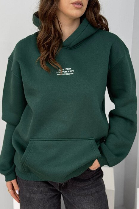 FRONT LITTLE WRITTINGS FLUFFY WOMEN HOODIE DARK GREEN/JEE - 4
