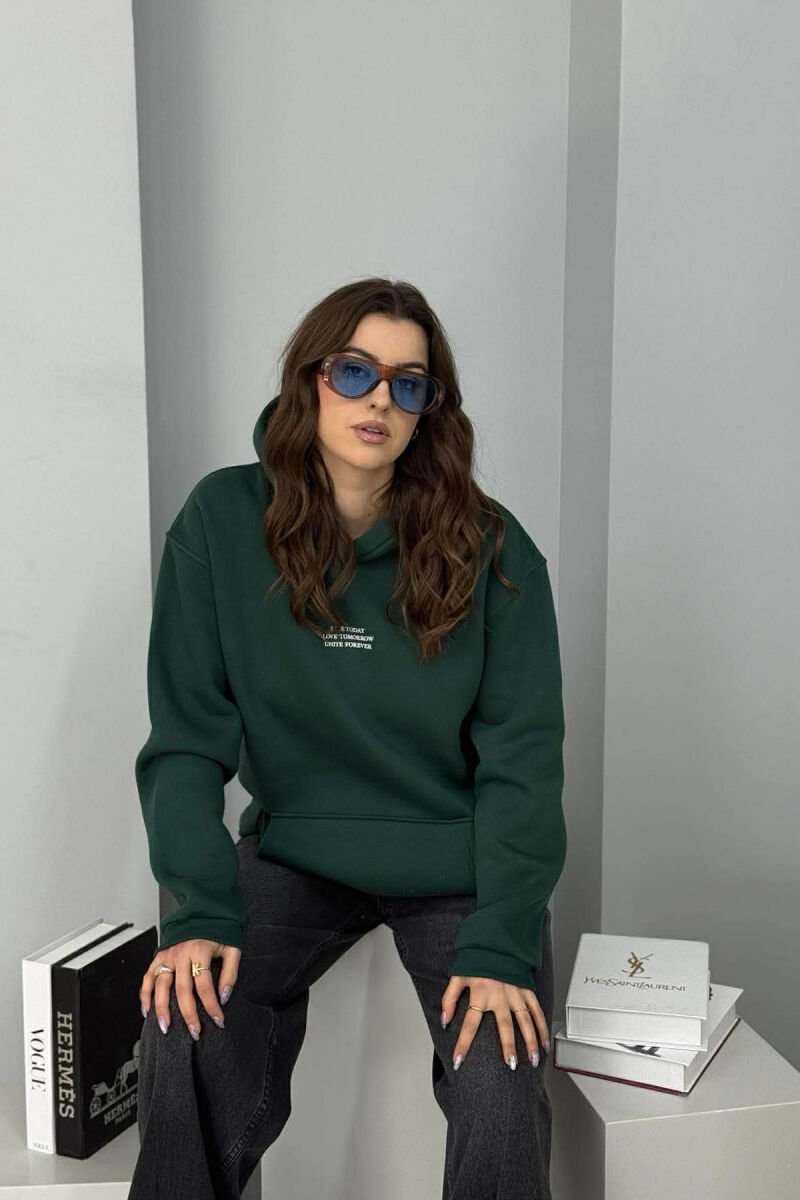 FRONT LITTLE WRITTINGS FLUFFY WOMEN HOODIE DARK GREEN/JEE - 2