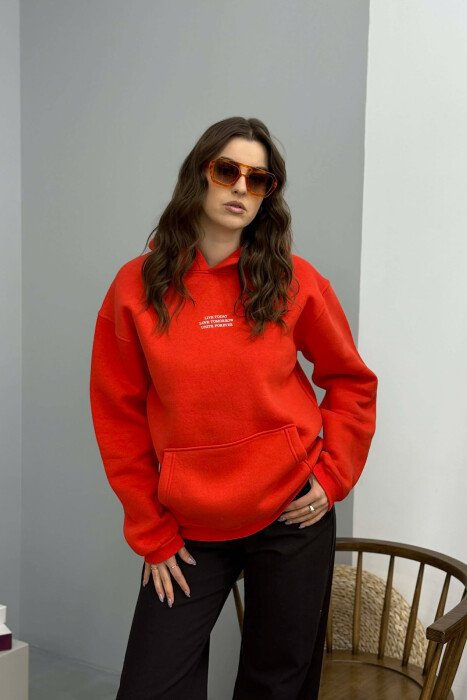 FRONT LITTLE WRITTINGS FLUFFY WOMEN HOODIE ORANGE/PORTOKALLI - 1