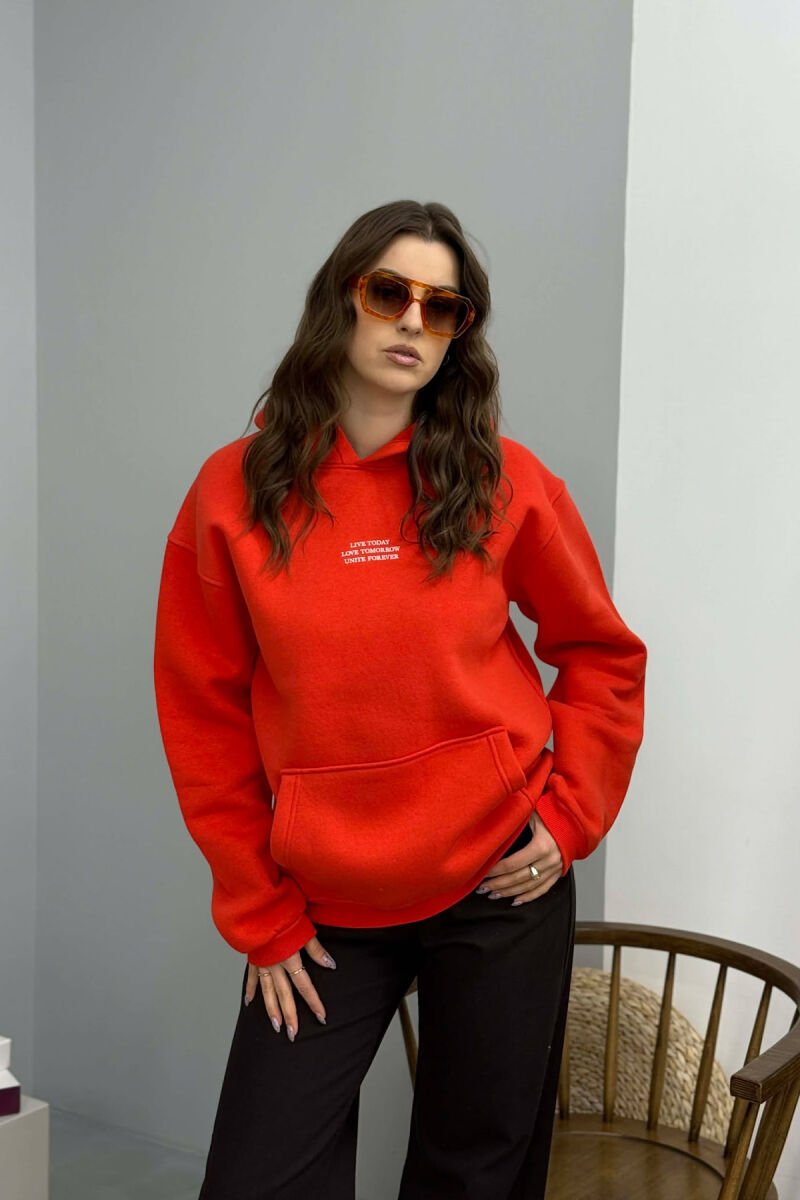 FRONT LITTLE WRITTINGS FLUFFY WOMEN HOODIE ORANGE/PORTOKALLI - 1