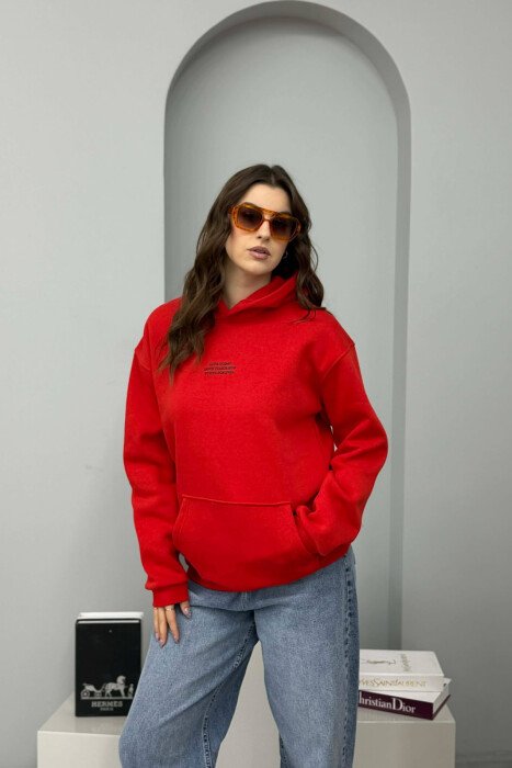HOODIE ME PUSH DHE SHKRIME NE PJESEN PARA PER FEMRA NE NGJYRE TE KUQE - 