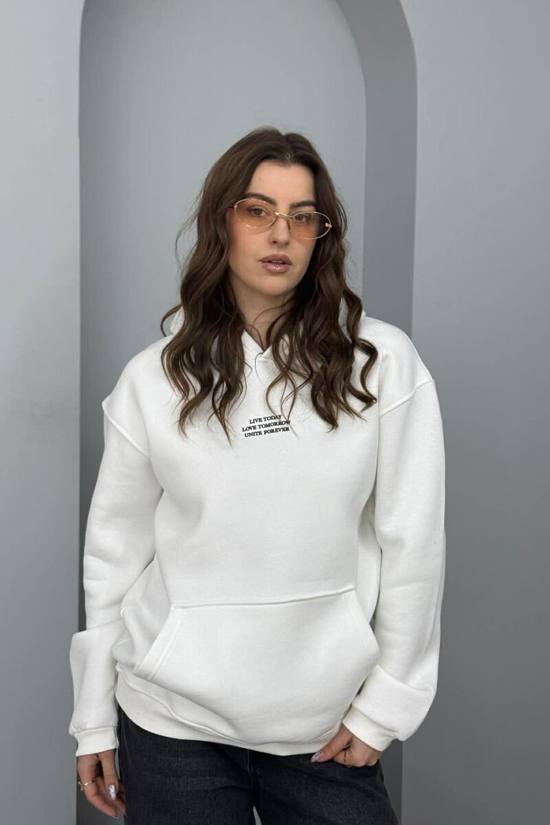 FRONT LITTLE WRITTINGS FLUFFY WOMEN HOODIE WHITE-E BARDHE - 1