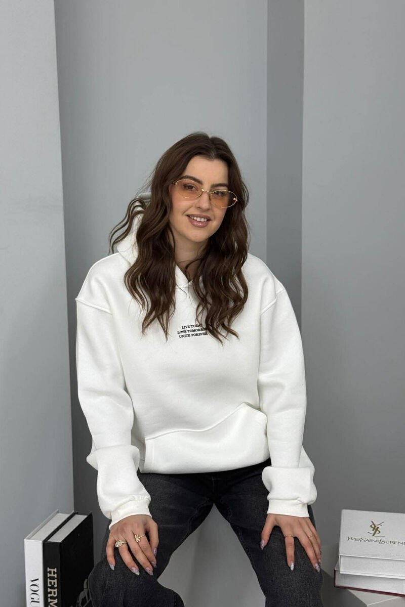 FRONT LITTLE WRITTINGS FLUFFY WOMEN HOODIE WHITE-E BARDHE - 3