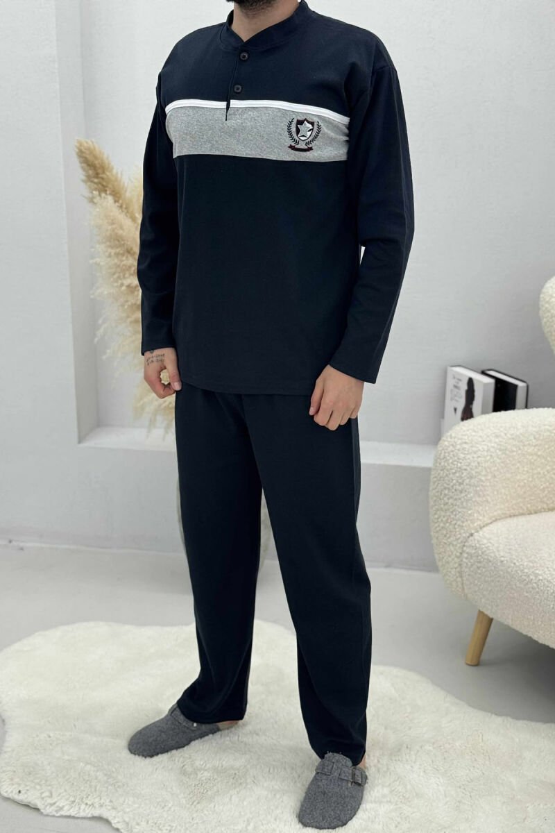 FRONT LOGO BUTTONED SWEATSHIRT+ SWEATPANTS MEN PYJAMAS DARK BLUE/BEE - 1