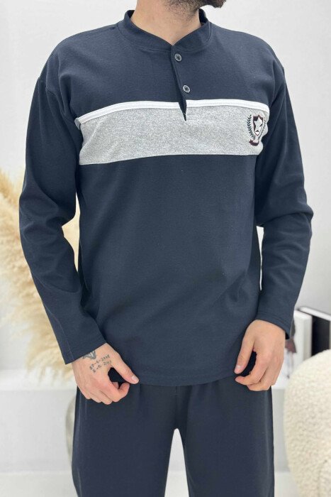 FRONT LOGO BUTTONED SWEATSHIRT+ SWEATPANTS MEN PYJAMAS DARK BLUE/BEE - 2