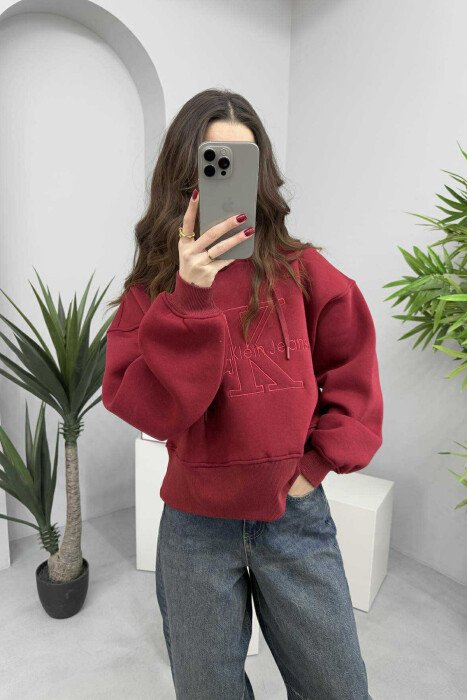 FRONT LOGO ONE COLOR FLUFFY WOMEN HOODIE BURGUNDY/VISHNJE 