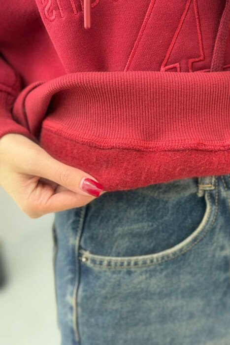 FRONT LOGO ONE COLOR FLUFFY WOMEN HOODIE BURGUNDY/VISHNJE - 4