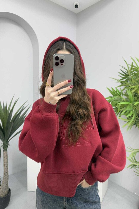FRONT LOGO ONE COLOR FLUFFY WOMEN HOODIE BURGUNDY/VISHNJE - 2