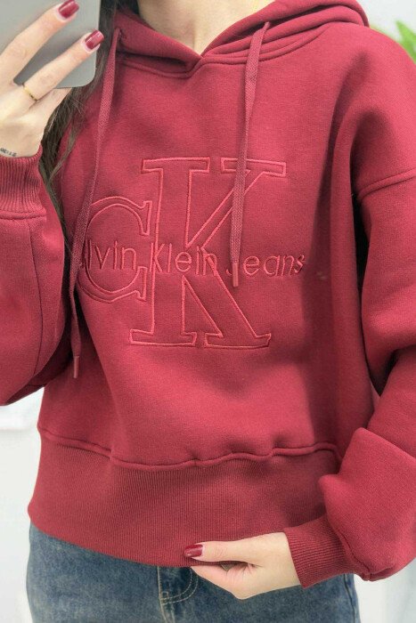 FRONT LOGO ONE COLOR FLUFFY WOMEN HOODIE BURGUNDY/VISHNJE - 3