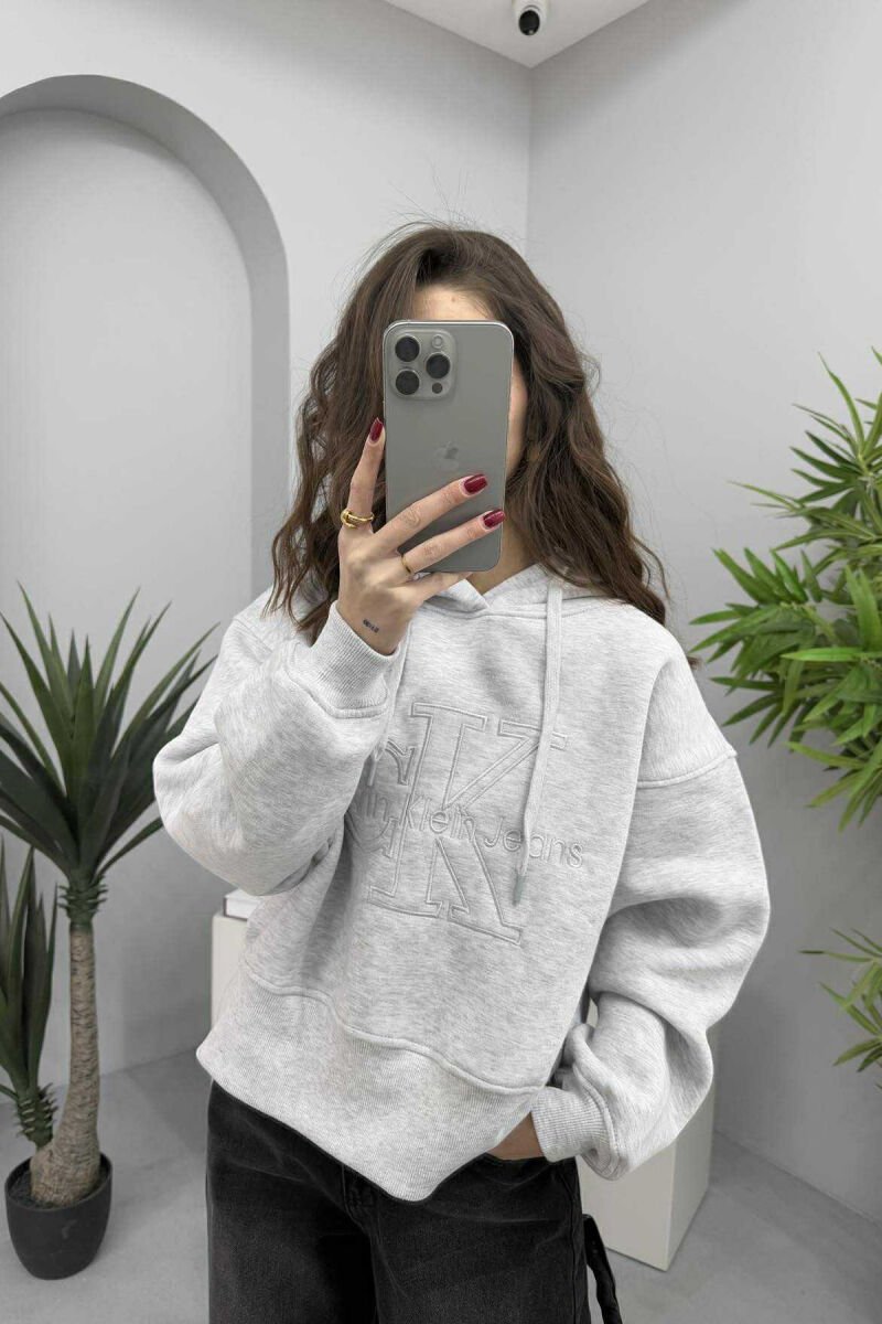 FRONT LOGO ONE COLOR FLUFFY WOMEN HOODIE LIGHT GREY/GZ - 1