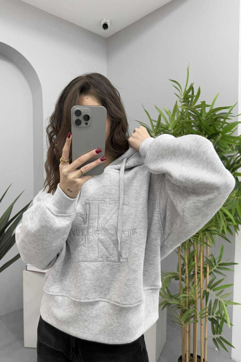 FRONT LOGO ONE COLOR FLUFFY WOMEN HOODIE LIGHT GREY/GZ - 2