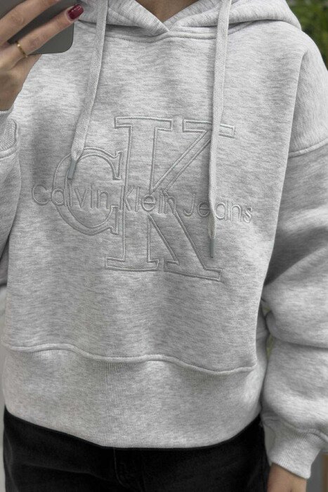 FRONT LOGO ONE COLOR FLUFFY WOMEN HOODIE LIGHT GREY/GZ - 3