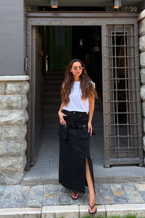 FRONT POCKET CUT OPEN DENIM WOMAN SKIRT BLACK/ E ZEZE - 2