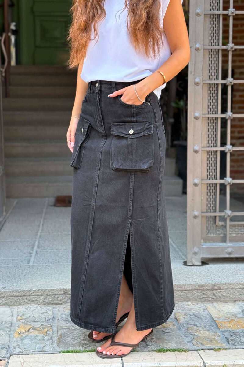 FRONT POCKET CUT OPEN DENIM WOMAN SKIRT BLACK/ E ZEZE - 5