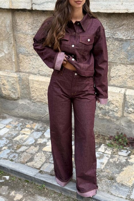 FRONT POCKET JACKET + TROUSERS DENIM WOMAN SET BURGUNDY/VISHNJE - 3