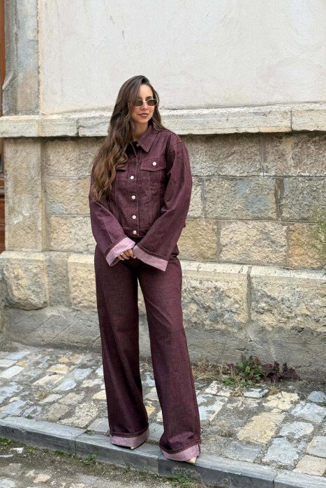 FRONT POCKET JACKET + TROUSERS DENIM WOMAN SET BURGUNDY/VISHNJE - 4