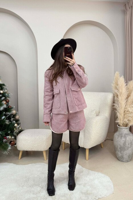 SET XHAKETE+PANTALLONA TE SHKURTA ME VIJA PER FEMRA NE NGJYRE PUDER - KLAUDIO FASHION