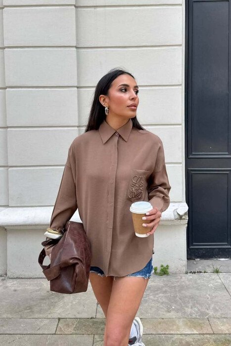 FRONT POCKET ONE COLOR WOMAN SHIRT LIGHT BROWN/KAZB 