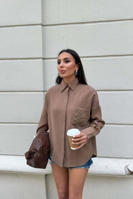 FRONT POCKET ONE COLOR WOMAN SHIRT LIGHT BROWN/KAZB - 4