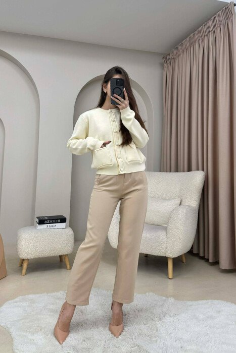 FRONT POCKET ROUND NECK WOMAN CARDIGAN CREAM/KREM - 3