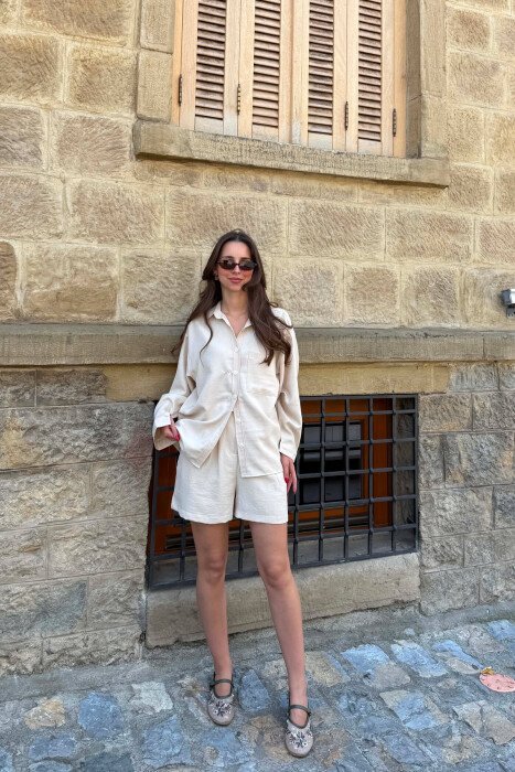 FRONT POCKET SHIRT + SHORTS WOMAN SET BEIGE/BEZHE - 1