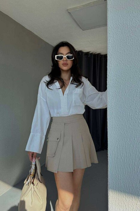 FRONT POCKET WAVING WOMEN SKIRT BEIGE/BEZHE - 4
