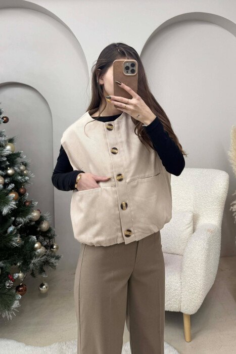 FRONT POCKETS DETAIL ONE COLOR WOMEN VEST BEIGE/BEZHE 