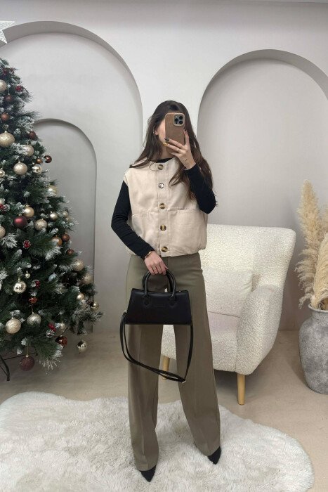 FRONT POCKETS DETAIL ONE COLOR WOMEN VEST BEIGE/BEZHE - 2