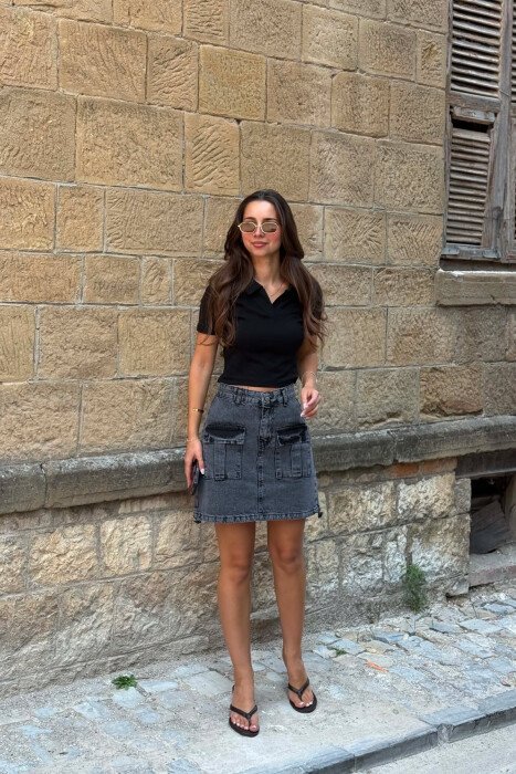 FRONT POCKETS DETAIL SHORT WOMEN SKIRT DARK GREY/GEE 