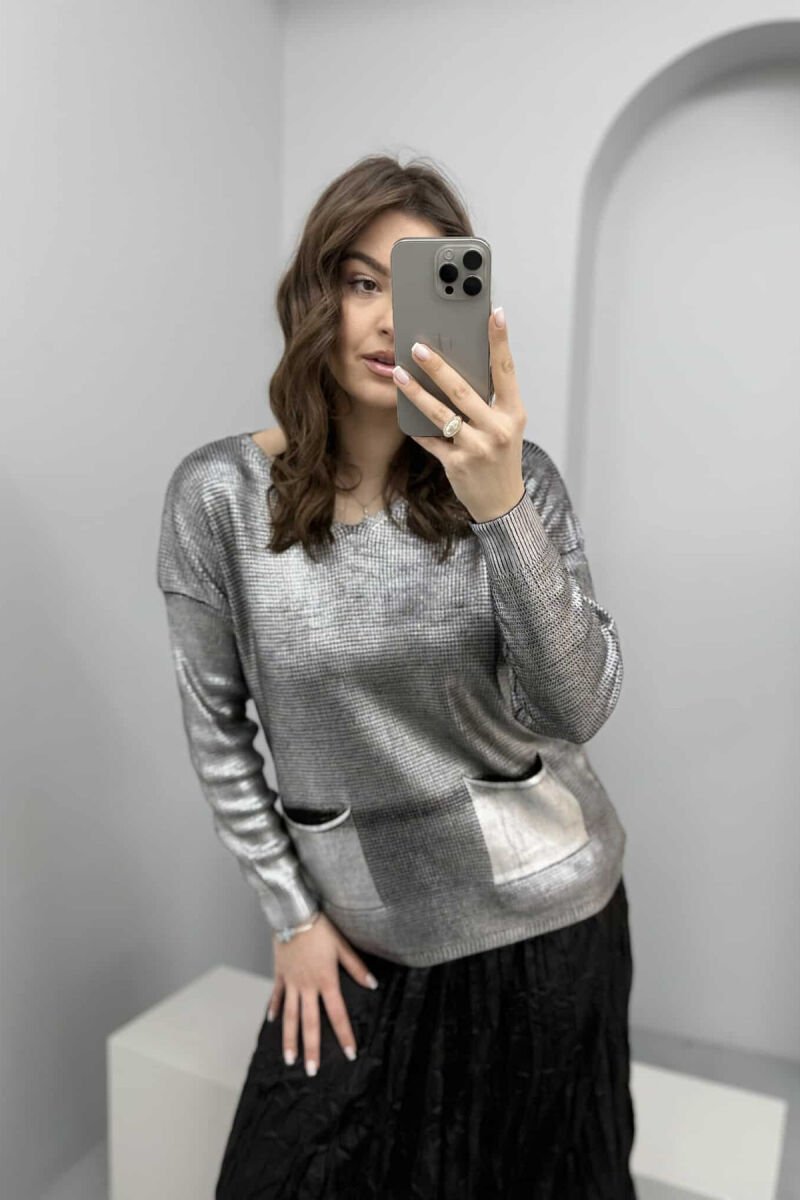 FRONT POCKETS DETAIL V NECK WOMEN SWEATER SILVER/ARGJEND - 3