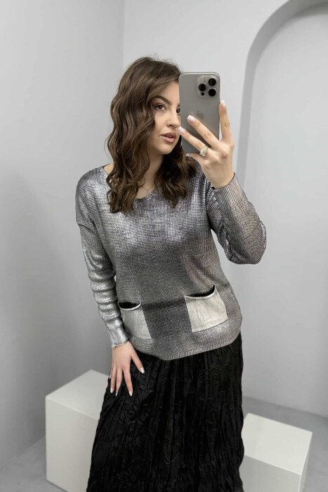 FRONT POCKETS DETAIL V NECK WOMEN SWEATER SILVER/ARGJEND - 6
