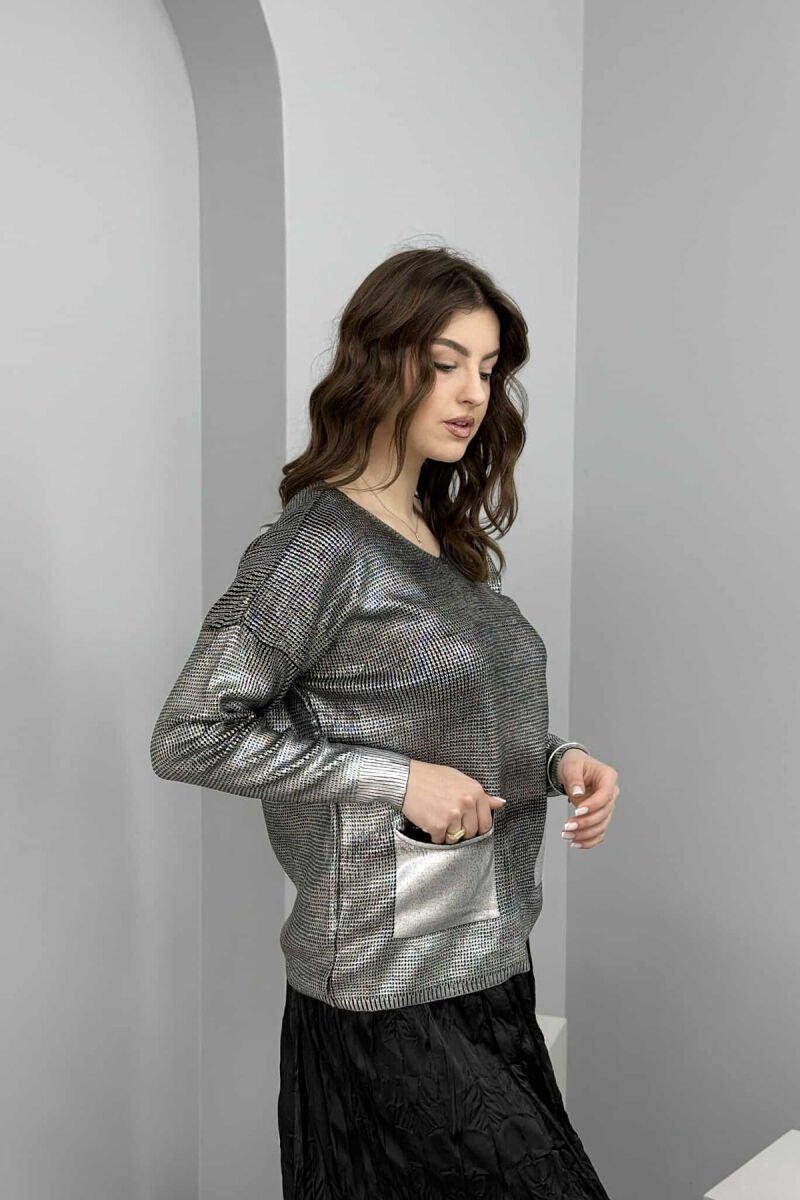 FRONT POCKETS DETAIL V NECK WOMEN SWEATER SILVER/ARGJEND - 7